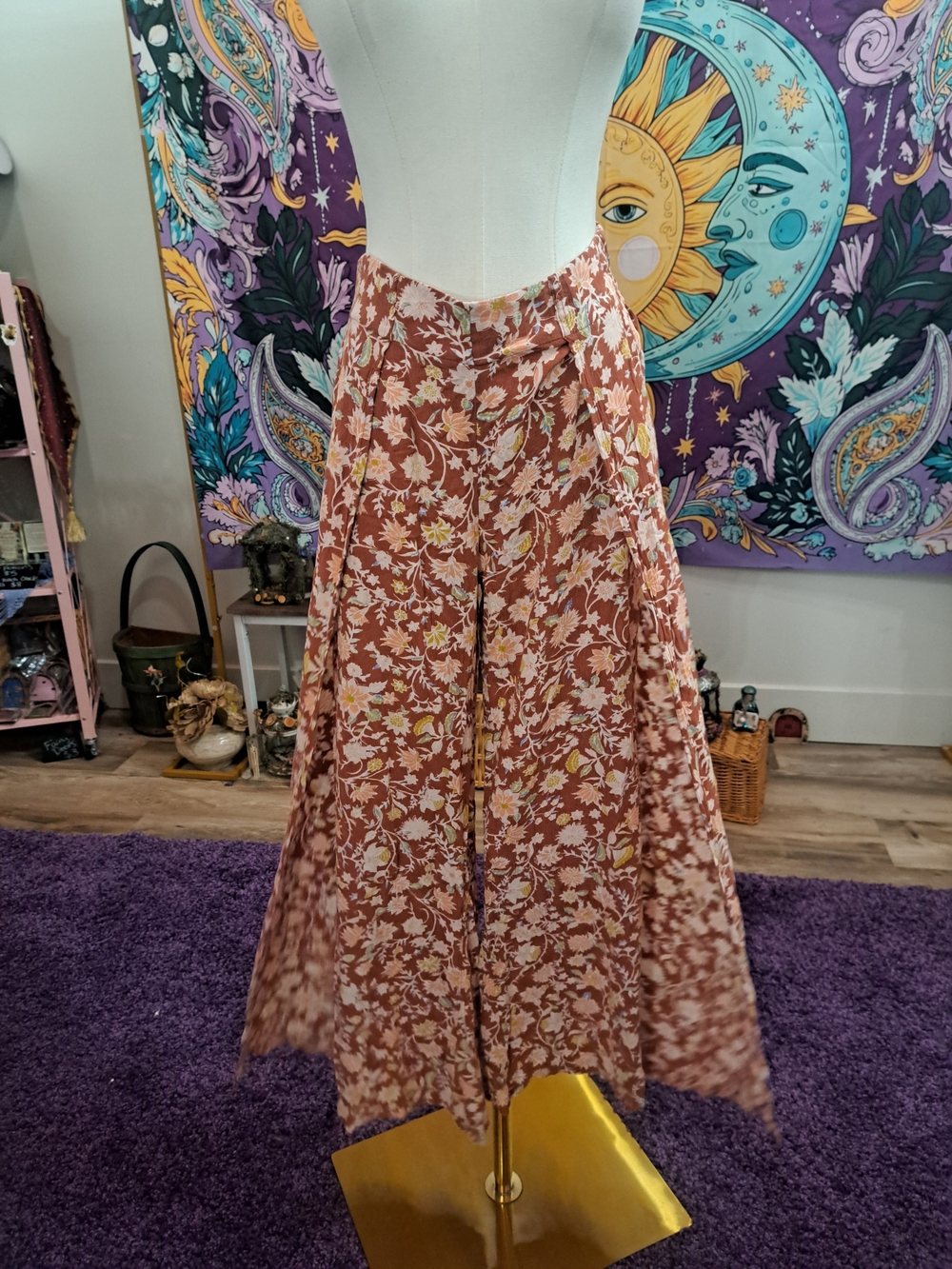Autumn Garden Billabong Split-Leg Pants • Rust Floral Boho Pants • L/G